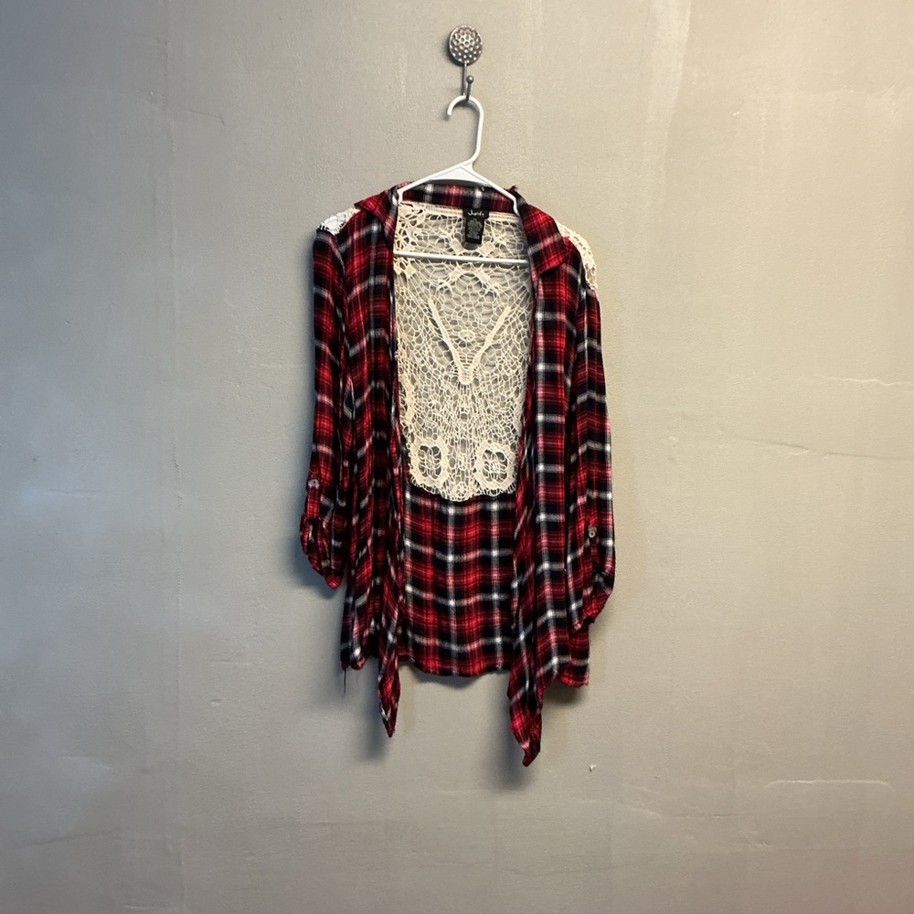Justify Red and Black Plaid Cardigan with Lace Detail 0106